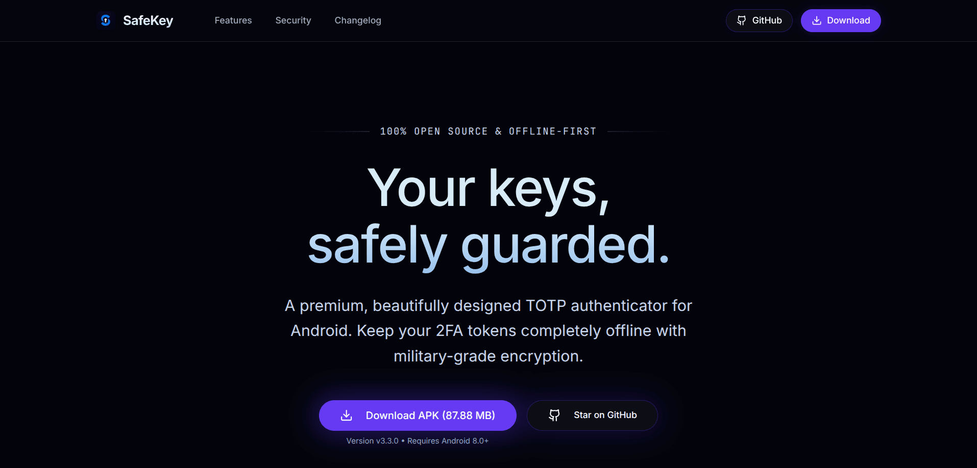 SafeKey website showing the Android authenticator app and its encrypted local vault